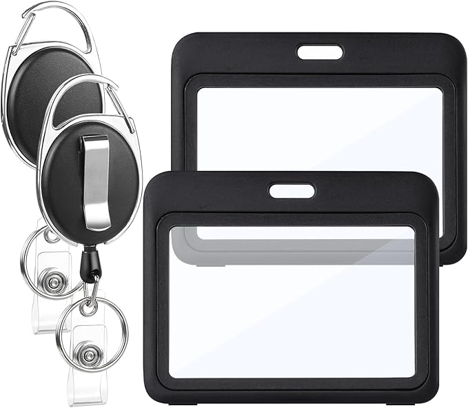 2 Pack Badge Holder Retractable Clip Heavy Duty Reels with Double-Sided Windows Horizontal ID Badge Holder for Women Nurse Teacher Student