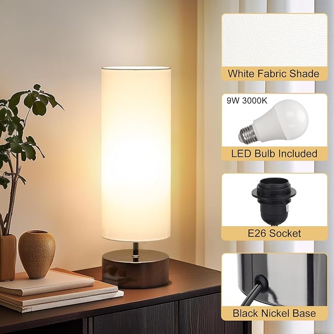 Touch Table Lamp, 3-Way Dimmable Bedside Lamp with Cylinder Fabric Shade | Modern Minimalist Accent Nightstand Desk Lamp, Night Light for Bedroom Living Room Kitchen, LED Bulb Included