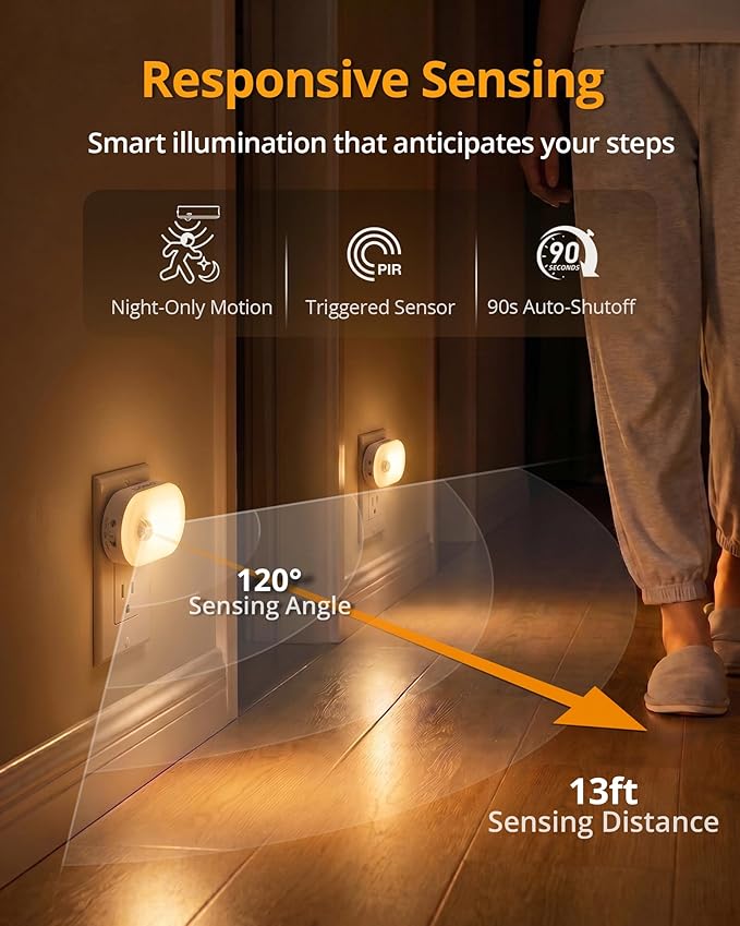 Lyridz 120LM Ultra Bright Plug-in Motion Sensor Night Light, Stepless Dimmable LED Nightlight, Always-On and Auto-Off, for Hallway, Stairs, Bathroom, Bedroom, Garage, Warm White (6-Pack)