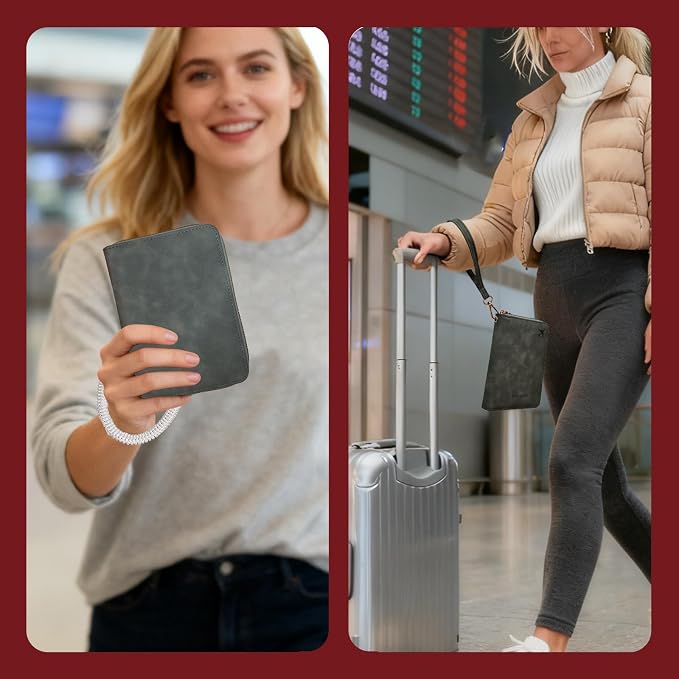 Passport Holder with Tether and Carabiner Clip to Prevent Loss and Theft, Rfid Passport Holder for Travel, Passport Cover, Wallet & Case for Men and Women (Gray - Tether and Carabiner)