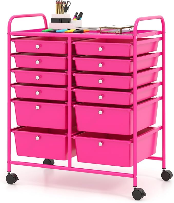 BECOMFORT 12-Drawer Rolling Cart with Drawers, Storage Cart on Wheels, Teacher Classroom Organizers with Metal Frame, Mobile Craft Cart, Trolley Utility Cart for School Office Play Room