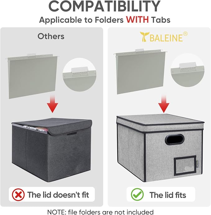 BALEINE File Organizer Box with Lid, Collapsible Hanging File Storage Box | Smooth Plastic Rails, Textured Fabric Exterior, Collapsible Hanging File Folder Box for Office Document Storage
