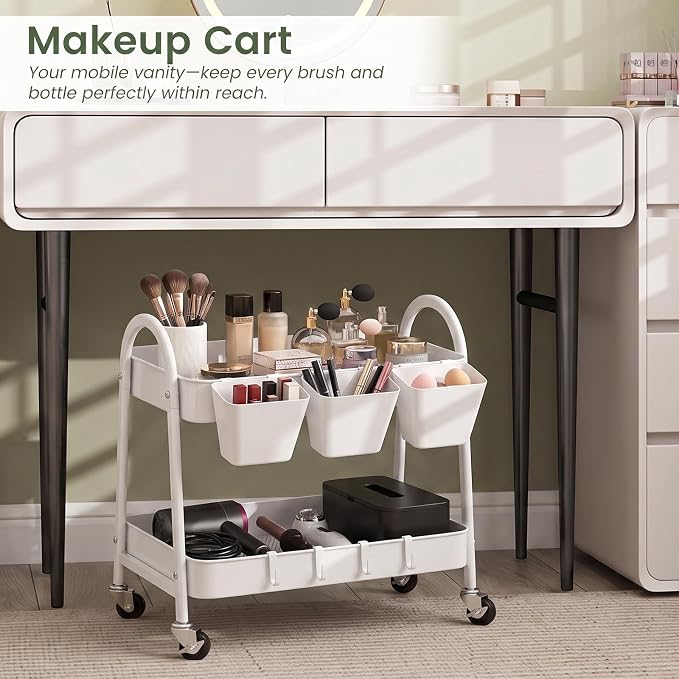 2-Tier Rolling Cart, Utility Cart Mobile Metal Rolling Storage Cart with Lockable Wheels & Hanging Cups & Hooks for Kitchen, Bathroom, Office, Workshop, Purple