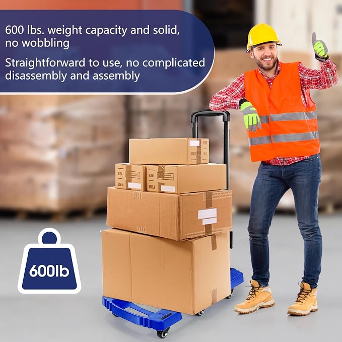 Voipvvii Folding Hand Truck 500lbs, Portable Heavy Duty Dolly Cart, 6 Wheels Collapsible Luggage Cart with 2 Elastic Ropes - Compact Trolley Cart for Easy Moving - Ideal Hand Cart for Travel and More