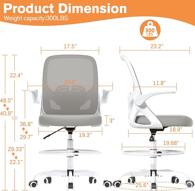 ORRSAKER Drafting Chair, Tall Office Chair with Flip-up Arms, Mesh Ergonomic Computer Standing Desk Chair with Adjustable Height Foot Ring and Lumbar Support, 300 LBS Capacity, Gray