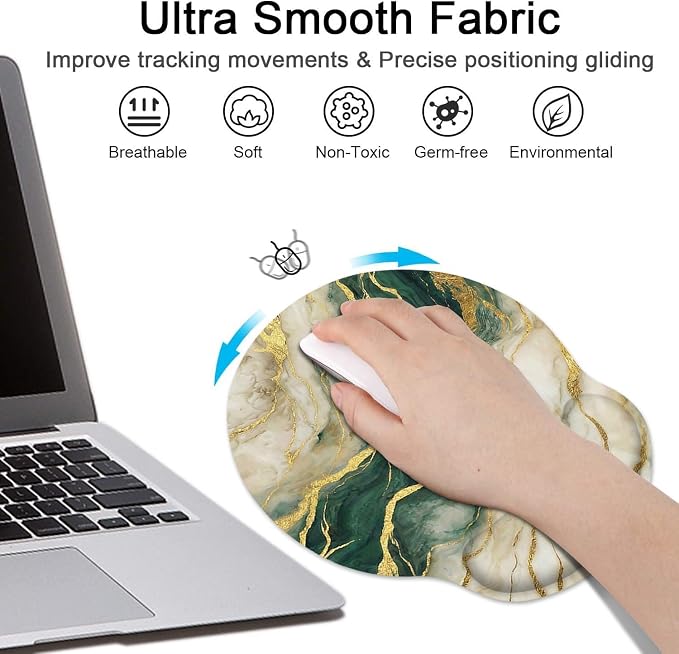 Ergonomic Mouse Pad Set with Wrist Rest, Gold Green Marble | Abstract Non-Slip Rubber Base Wrist Cushion Support and Coasters Mousepad with Wrist Support for Computer Keyboard