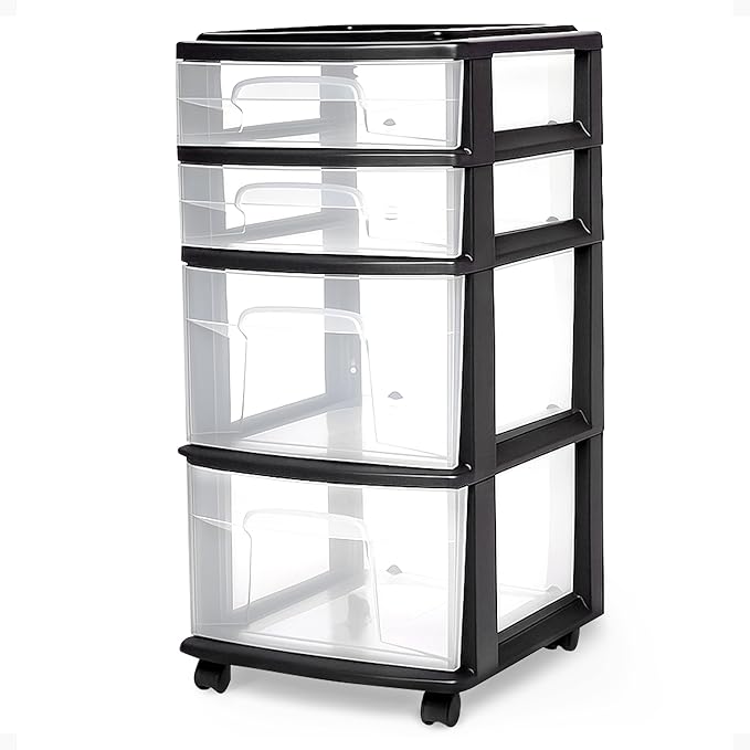 HOMZ Drawer Tower, 4-Tier Storage Cart with Removable Wheels, Black Frame | Plastic Organizer with Clear Bin Drawers for Bedroom, Bathroom, Home Office, and Dorm Rooms