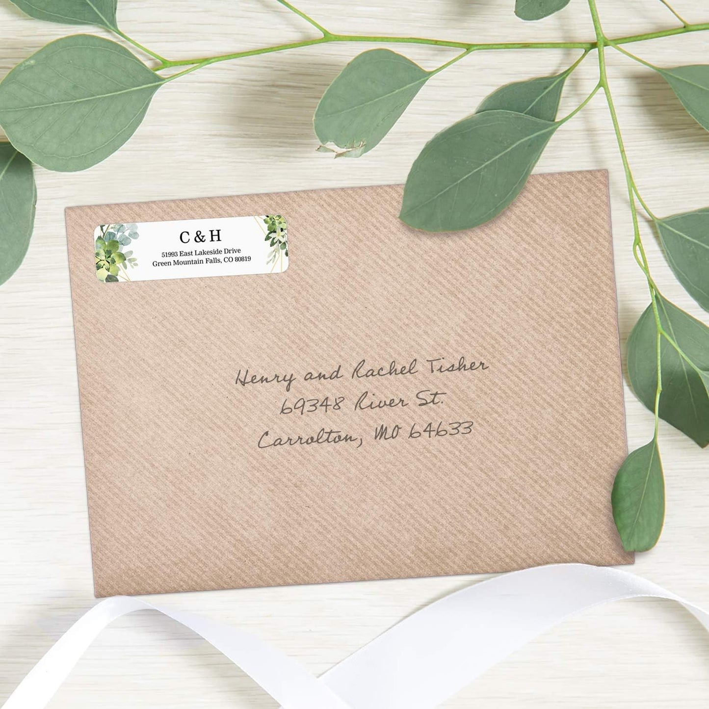 Greenery Frames Rolled Address Labels/Roll of 250 Personalized Address Labels/Designer Return Address Stickers in Elegant Plastic Dispenser