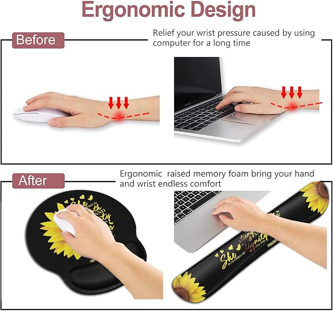 Mouse Pad Keyboard Wrist Rest Coaster, Mouse Support Set,Sunflower Christian Bible Verse Black padErgonomic Memory Foam Mouse and Keyboard Pad Set for Laptop Computer Office Home Working Gaming