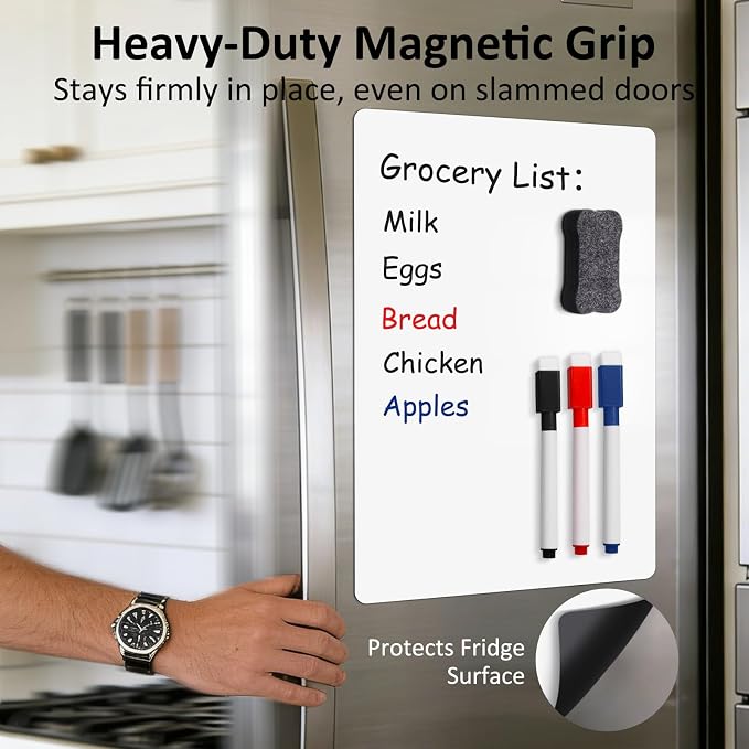 Magnetic White Board for Refrigerator Grocery Lists Stay Visible | Reusable Dry Erase Sheet for Family Shopping Needs - 18" x 12" Fridge Organizer Memo Board with Markers and Eraser