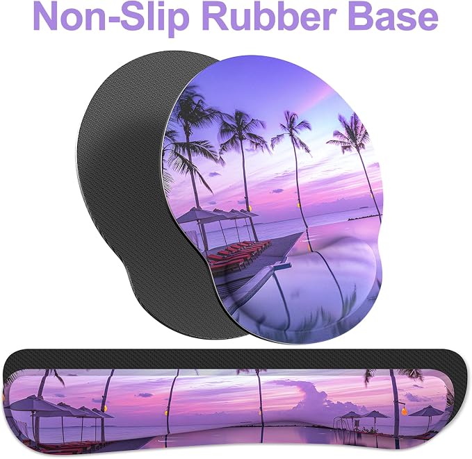 Ergonomic Mouse Pad with Wrist Rest and Keyboard Wrist Rest, Mousepad | Memory Foam Wrist Rest for Computer Keyboard, Pain Relief, Non-Slip Base, Mouse Pad Wrist Support for Gaming, Purple Beach