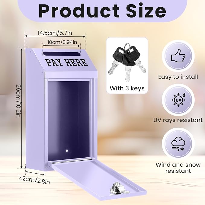 Yaocom Safe Metal Cash Box for Farm Stand – Money Drop and Secure Donation Collection, Wall Mount Lockable Unit with Pre Drilled Holes for Outdoor Self Serve(Morandi Purple,10.2 x 5.7 x 2.8 Inch)