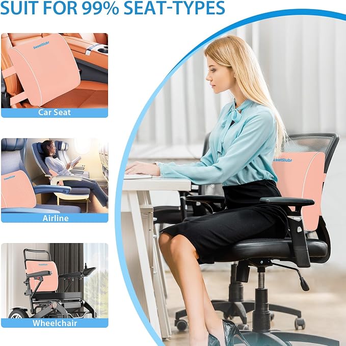 SweetSlubr Lumbar Support Pillow for Office Chair, Car & Gaming Chair, Ergonomic Memory Foam Cushion for Back Comfort,Zoned Back Support, Double Adjustable Straps,Breathable Washable Cover(Pink,Large)