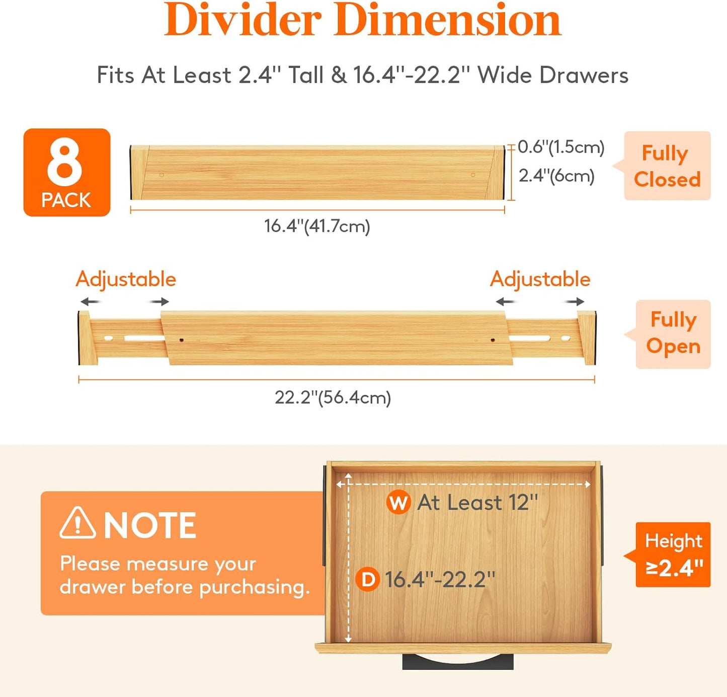 Lifewit 8 Pack Drawer Dividers Bamboo 2.4" High, 16-22" Adjustable Drawer Organizers for Clothes, Wooden Dresser Separators in Bedroom/Bathroom/Kitchen/Fridge/Office Organization and Storage