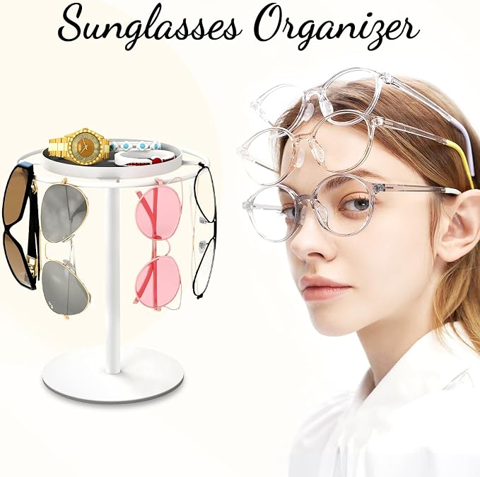 LSK Metal Sunglass Organizer, Glasses Holder Stand with Storage Tray, White | Sunglass Holder with Non-Slip Pad for Nightstand, Tabletop, Desk, Dresser, Hanging Up to 9 Pairs Sunlasses/Reading Glasses