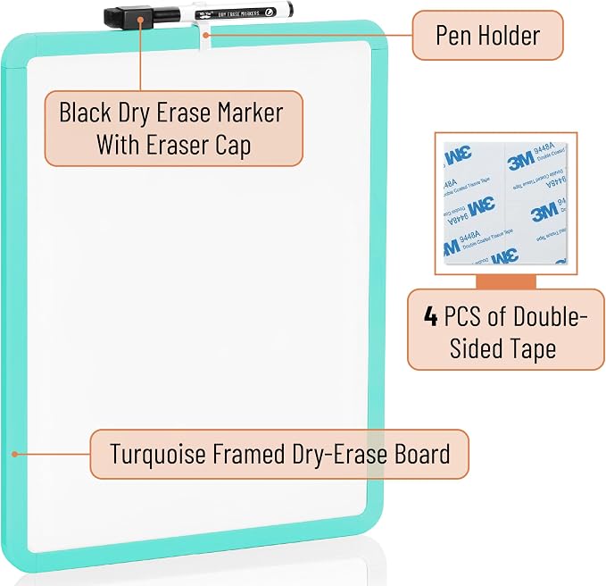 Mr. Pen- Dry Erase Board, 14” x 11” with a Black Dry Erase Marker | Aqua Blue Frame, Small Mini White Board for Students, Fridge, Wall, Locker, Includes Double Sided Tapes
