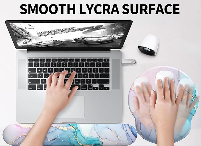 Mouse Pad Wrist Support, Ergonomic Memory Foam Keyboard Wrist Pad & Gel Wrist Rest Set for Computer Keyboard for Easy Typing & Pain Relief for Office & Home (Cyan Pink Marble)