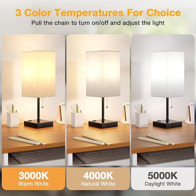 aooshine 17.4" White Bedside Table Lamp for Bedroom - USB C+A, 2 AC Outlets | Pull Chain Lamp, 3 Color Modes(3000K/4000K/5000K), E26 LED Bulb Included, Square White Fabric Lampshade, for Read, Work, Dorm