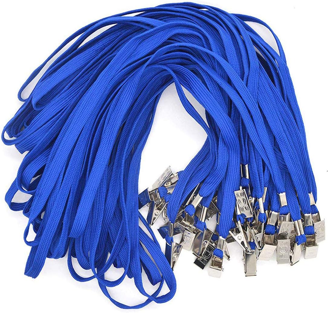 Bird Fiy® 50 Pack Lanyards with Bulldog Clip and 50 Pack Waterproof Clear Plastic Vertical Name Tag Badge ID Card Holders(Blue)