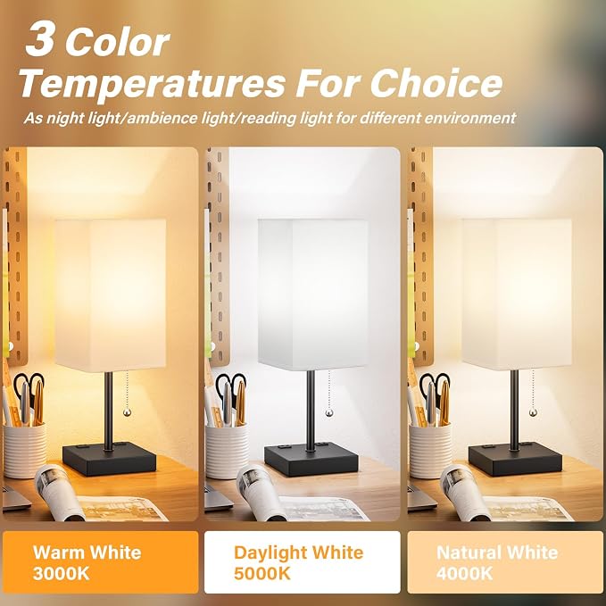 Bedside Lamp for Bedroom - 3 Color Temperatures, USB A+C, 2 AC Outlets | Pull Chain Switch, LED Bulb Included, White Fabric Shade, 17.4" Table Lamp for Nightstand, Desk, Living Room, Office