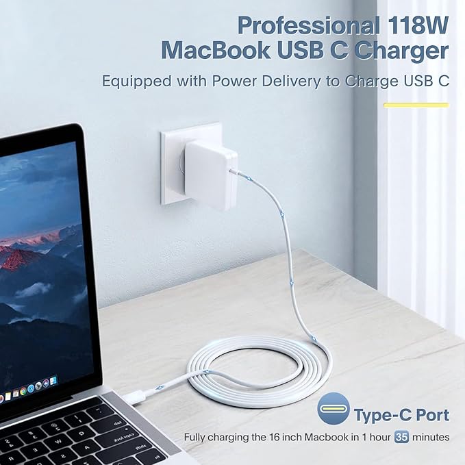 Azacvb Mac Book Pro Charger - 118W USB C Fast Charger Power Adapter Compatible with MacBook Pro & MacBook Air 13, 14, 15, 16 inch, M1 M2 M3 M4 M5, New ipad Pro and All USB C Device, 6.6ft Charge Cable