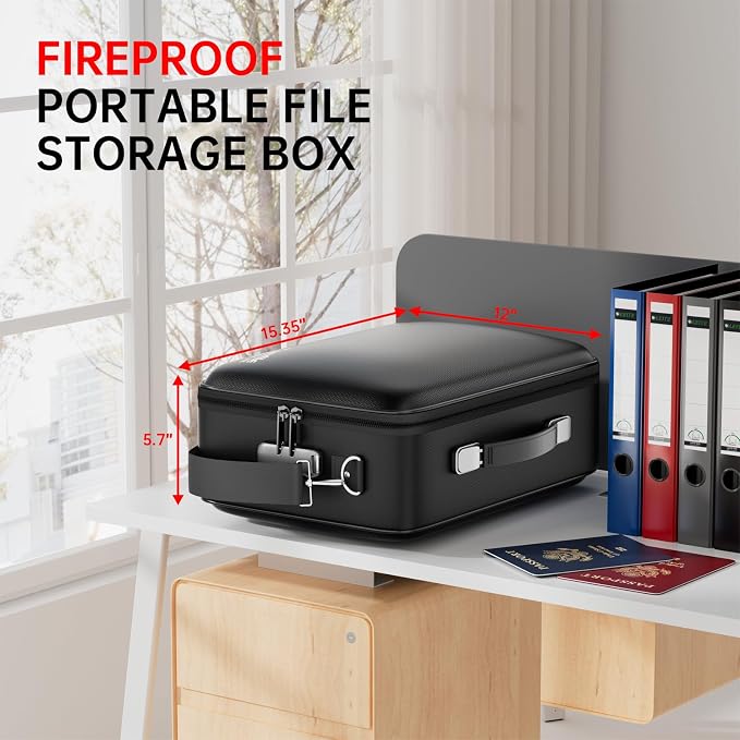 Tamfile Fireproof Document Box, Hard Case Safe File Box with Lock, Black | 5200°F, Water Resistant,8-Layer Fireproof Safe File Organizer with Accordion File Folder for Important Documents,Passports