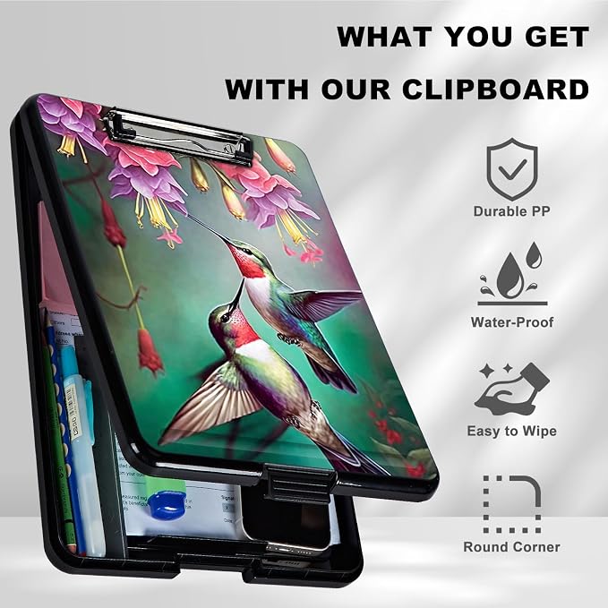 Hummingbird Red Plastic Storage Clipboard with Low Profile Clip, Heavy Duty Foldable Coach Clipboard Case for Work, Teachers, Schools