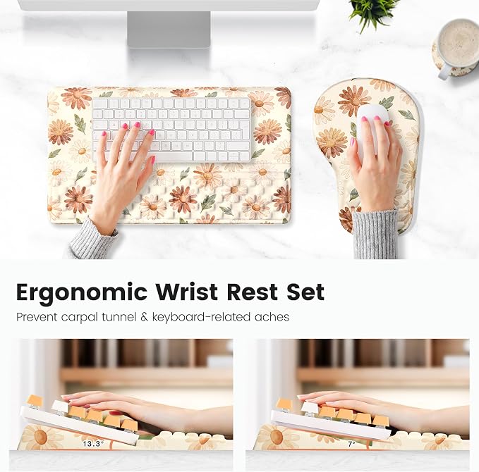 Ospelelf Keyboard Wrist Rest and Mouse Pad Set, Ergonomic Memory Foam Wrist Support, Aesthetic Desk Accessories for Office, Home & Gaming, Relief for Carpal Tunnel & Wrist Pain, Daisy