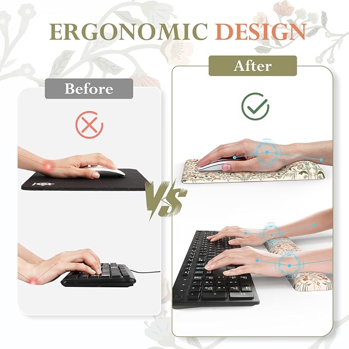iCasso Mouse Pad with Wrist Rest,Ergonomic Large Desk Mat Set, Beige | Keyboard Pad with Wrist Support, Non-Slip Mouse Mat for Women, Cute Floral Computer Mat for Home Office Gaming