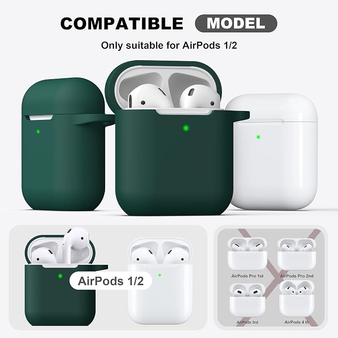 R-fun for AirPods 1/2 Case, Soft Silicone Protective Cover with Keychain and Cleaning Pen, Compatible with AirPods 2nd/1st Generation (2016/2019), Full Drop Protection Cover, Black Green