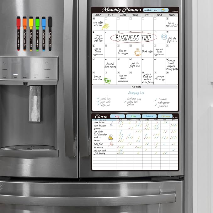 Magnetic Dry Erase Monthly Calendar Set - 15.5"x13" Monthly Calendar and 8.5"x13" Chore Board for Fridge - 6 Extra Fine Point Markers Included - Shipped Flat