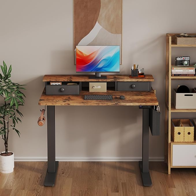 Electric Standing Desk Adjustable Height - 40 Inch Sit Stand Desk with Storage Drawers , Small Standing Desks with Shelf Monitor Stand, Kids Girls Computer Desks for Bedroom Home Office, Rustic Brown