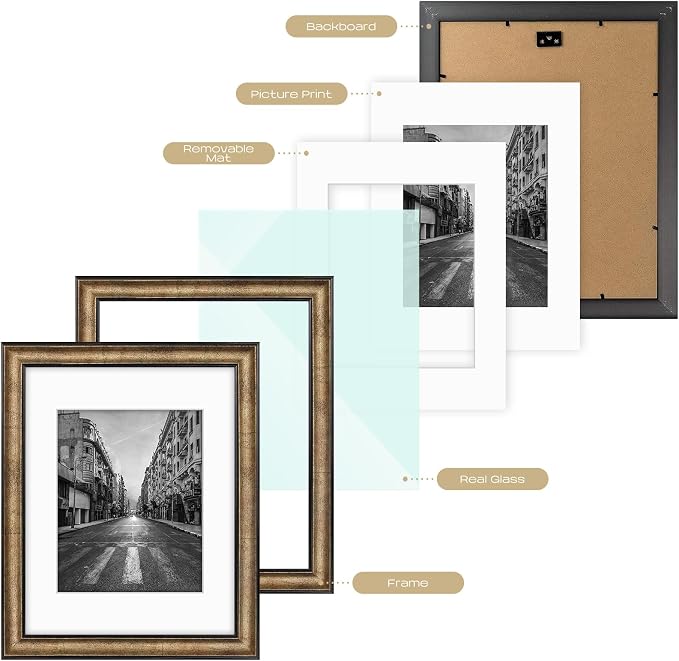 Golden State Art, 11x14 Photo Frame with Mat for Pictures 8x10 and Real Glass (Dark Gold Brown & Bronze Pewter Panel with White Color Mat, 1.25 Inch Frame Border)