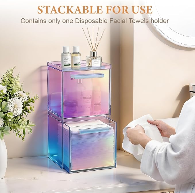 Disposable Face Towels Holder with 2 Pack Qtip Holders, Glossy Rainbow | Acrylic Box Bin Compatible with Clean Skin Club Clean Towelettesl XL Bathroom Counter Storage with Drawer