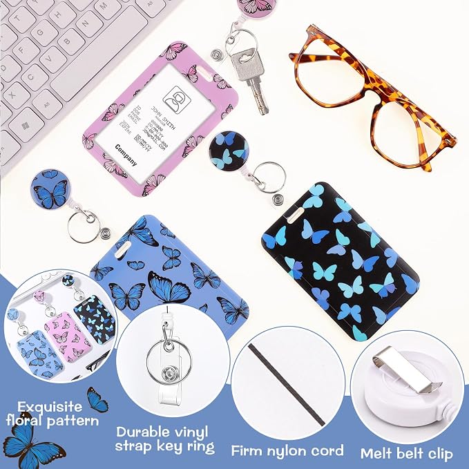 3 Set Butterfly Badge Holder with Retractable Reel, Retractable ID Badge Holders with Clip Name Key Card Holder Case for Nurse Doctor Teacher Office School