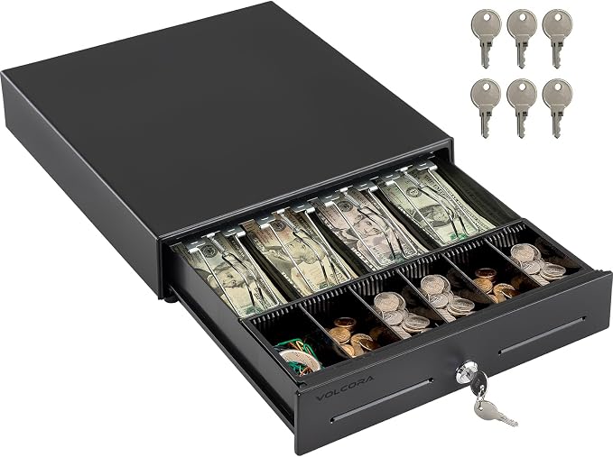 Volcora 13" POS Cash Register Drawer, 4 Bill 6 Coin Tray, Removable Coin Compartment, 12-24V RJ11/RJ12 Key-Lock, Media Slot, Black – Ideal for Small Businesses
