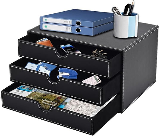 PU Leather Desk Organizer with 3 Drawers,Executive Office Supplies Desktop Filing A4 File Cabinet/Holder for Jewelry/Bill/Paper/Documents/Makeup Home Decor Stationery Storage Box,Black