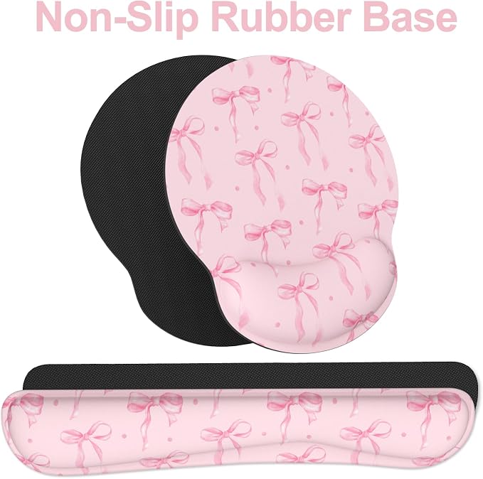 Ergonomic Mouse Pad with Wrist Rest and Keyboard Wrist Rest, Mousepad | Memory Foam Wrist Rest for Computer Keyboard, Pain Relief, Non-Slip Rubber Base, Mouse Pad Wrist Support for Gaming, Pink Bow