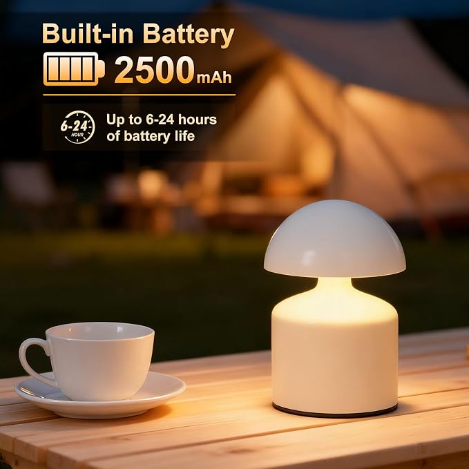 SAIWEYA Modern Cordless Mushroom Small Table Lamp, Dimmable Touch Battery | 3-Way Dimmable, Mini Rechargeable LED Desk Lamp, Night Light, Bedside Nightstand Lamps for Bedroom, Living Room