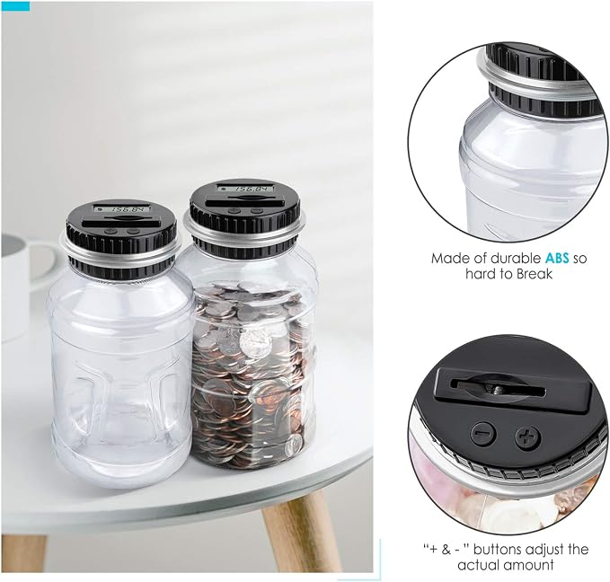 Large Piggy Bank for Boys Adults, Vcertcpl Digital Coin Counting Bank with LCD Counter, 1.8L Capacity Coin Bank Money Jar for Adults, Designed for All US Coins (Silver)