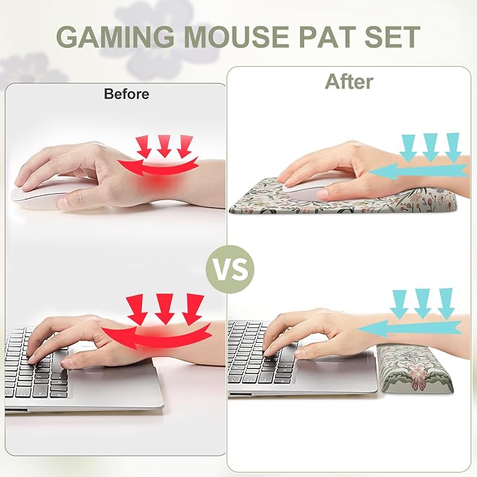 iCasso Mouse Pad with Wrist Rest,Ergonomic Large Desk Mat Set, Gray | Keyboard Pad with Wrist Support, Non-Slip Mouse Mat for Women, Cute Floral Computer Mat for Home Office Gaming