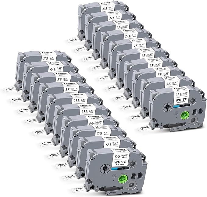 20 Pack Tz-231 12mm 0.47 Laminated White Tze Label Tape Compatible for Brother Tze-231 Refill Work for Ptouch Label Maker PTD220 PTH111 PTD210 PTH110 PTD600 PTD200 PTD410, Black on White, 1/2' x 26.2'