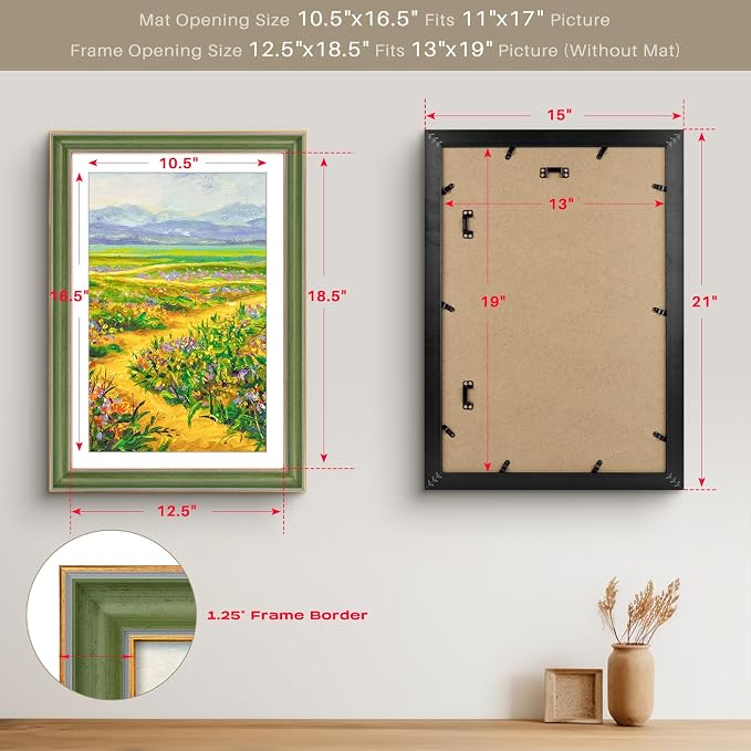 Golden State Art, 13x19 Photo Frame With Mat for Pictures 11x17 and Real Glass (Green With Gold Trim - White Color Mat, 1.25 Inch Frame Border)