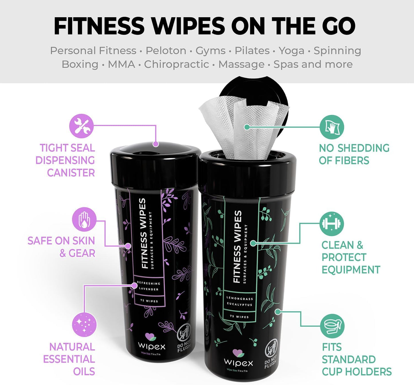 Wipex Screen Wipes & Gym Wipes Combo Pack - 75ct Gym Equipment Wipes Canister & 24ct Individually Wrapped Fitness Touch Screen Wipes, Safe for Yoga Mats & Electronics, Lemongrass Scent