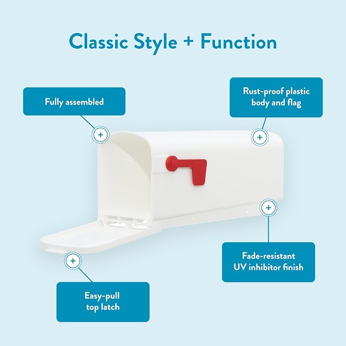Architectural Mailboxes Parsons Plastic Post Mount Mailbox, Compatibility Code A, PL10W0AM, White, Medium Capacity, 1 Count (Pack of 1) | Durable plastic build with weather-resistant outdoor construction. USPS approved.