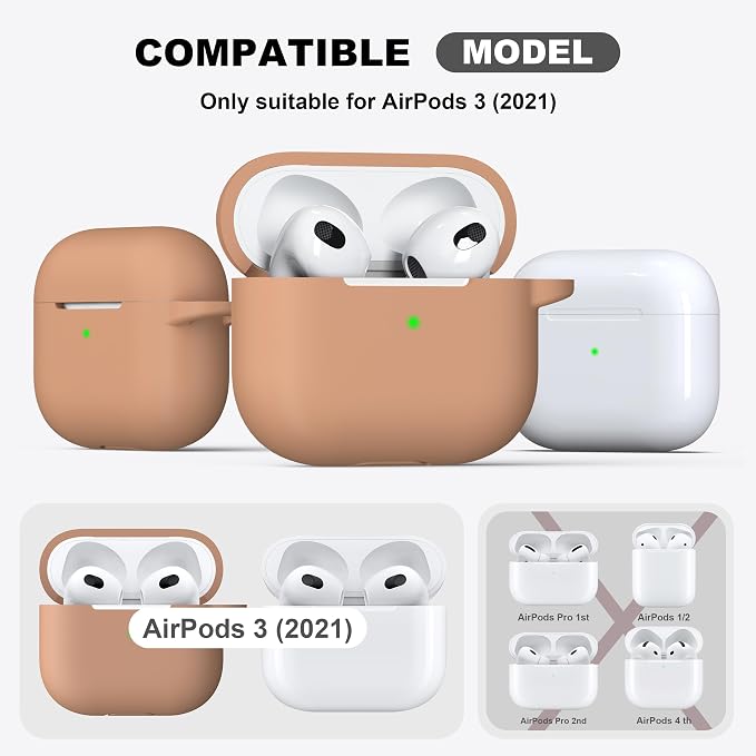 R-fun Compatible with AirPods 3 Case Cover, Silicone Protective Accessories Skin with Keychain Compatible with Apple AirPod 3rd Generation 2021 for Women Men Girls Boys,Front LED Visible,Milk Tea