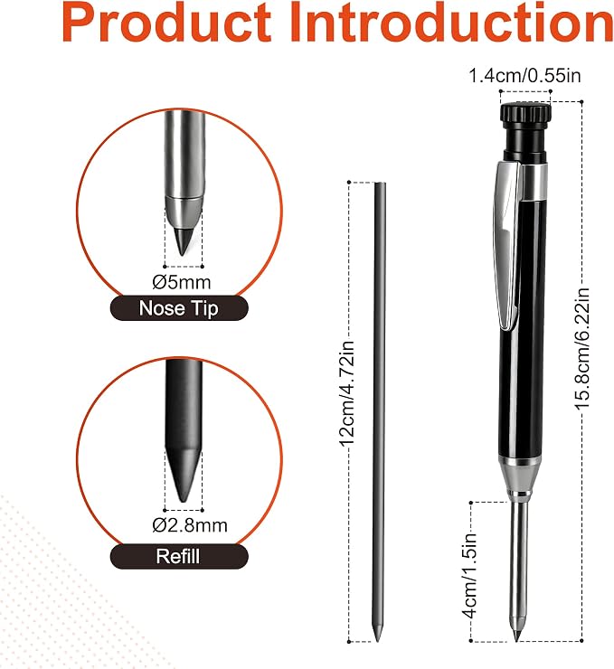 YEVEETTE 2.8mm Carpenter Pencils with 7 Refills, Built-in Sharpener Long Nib Deep Hole Construction Pencil, Metal Drafting Pencil Set for Carpenter Scriber Woodworking Architect (Black)