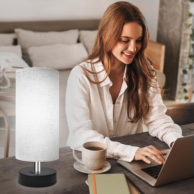 DEGNJU Bedside Table Lamp, Mini Minimalist, Flaxen Fabric Shade, 2 Pack | 11.8 Inch, Round Shade, For Bedroom Night Stands, Desk Reading Lamp, Dorm Living Office Room