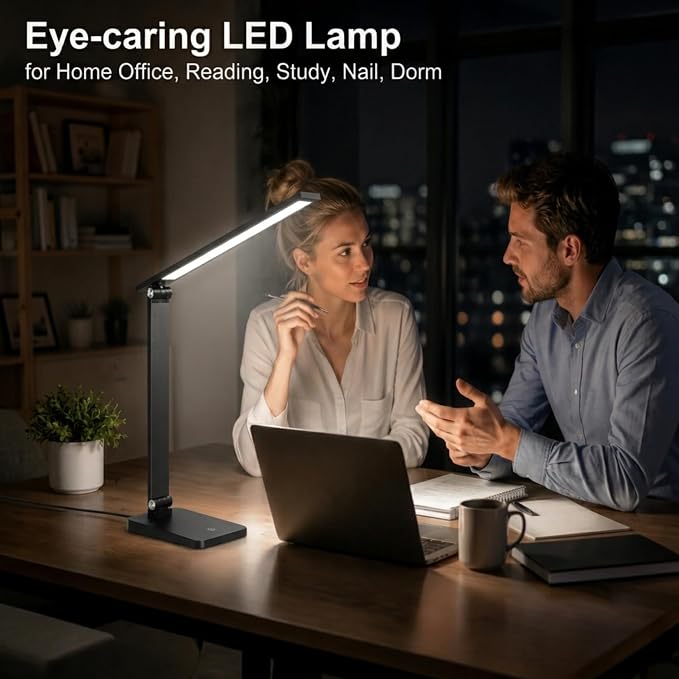 LED Desk Lamp for Home Office, 3 Levels Dimmable Desk Light with USB Charging Port, Small Study Lamp, Reading Light for Table, Black, 5000K
