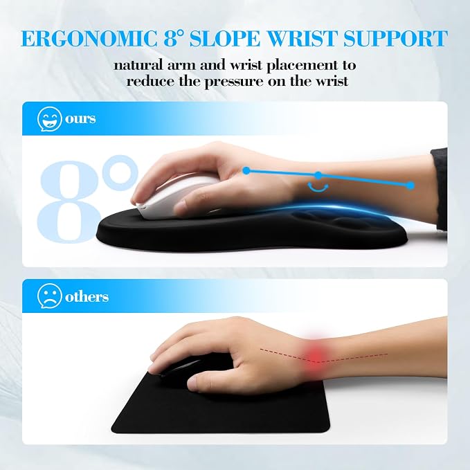 Ergonomic Mouse Pad with Wrist Rest Sloped Massage Design (Black) | Soft Comfortable Memory Foam Wrist Support for Pain Relief, Non-Slip PU Base, Office, Home, Gaming Mousepad for Desk